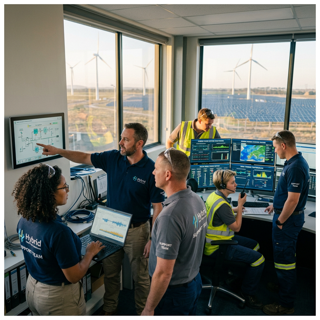 Energy support team monitoring wind and solar power systems