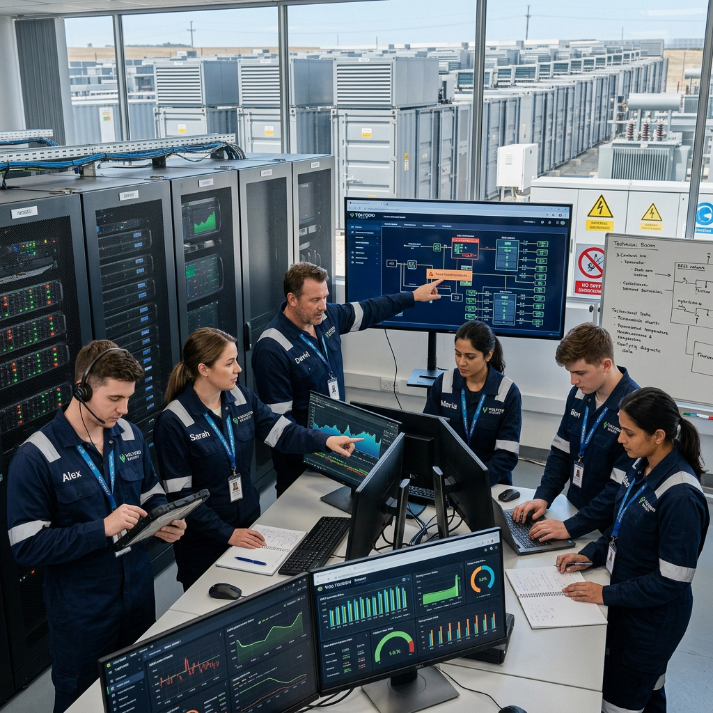 Six engineers monitor data center equipment and dashboards in a control room